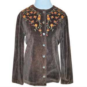 Vintage Ultrasport Cardigan Womens Small Brown Velour With Floral Embroidery